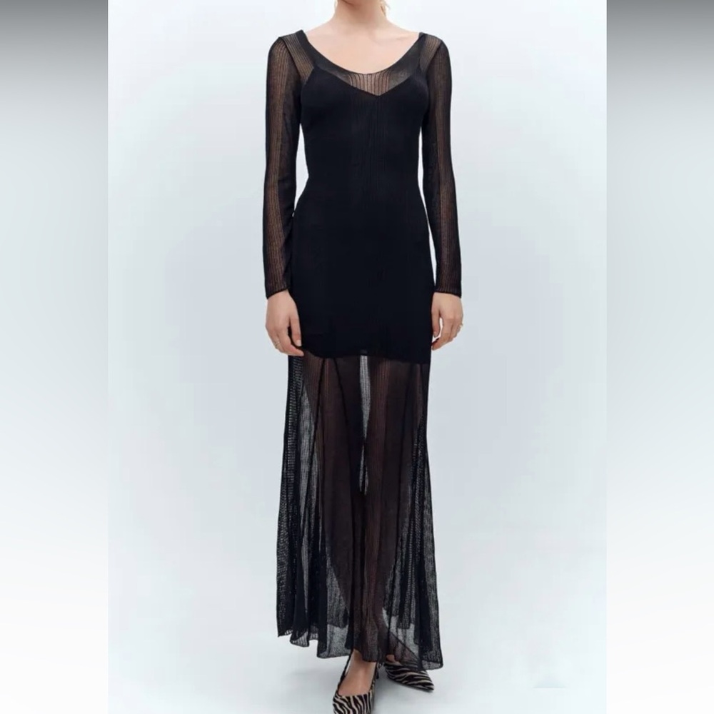NWT Zara Black Sheer Open Work Knit Mesh Maxi Dress Size M Whimsigoth